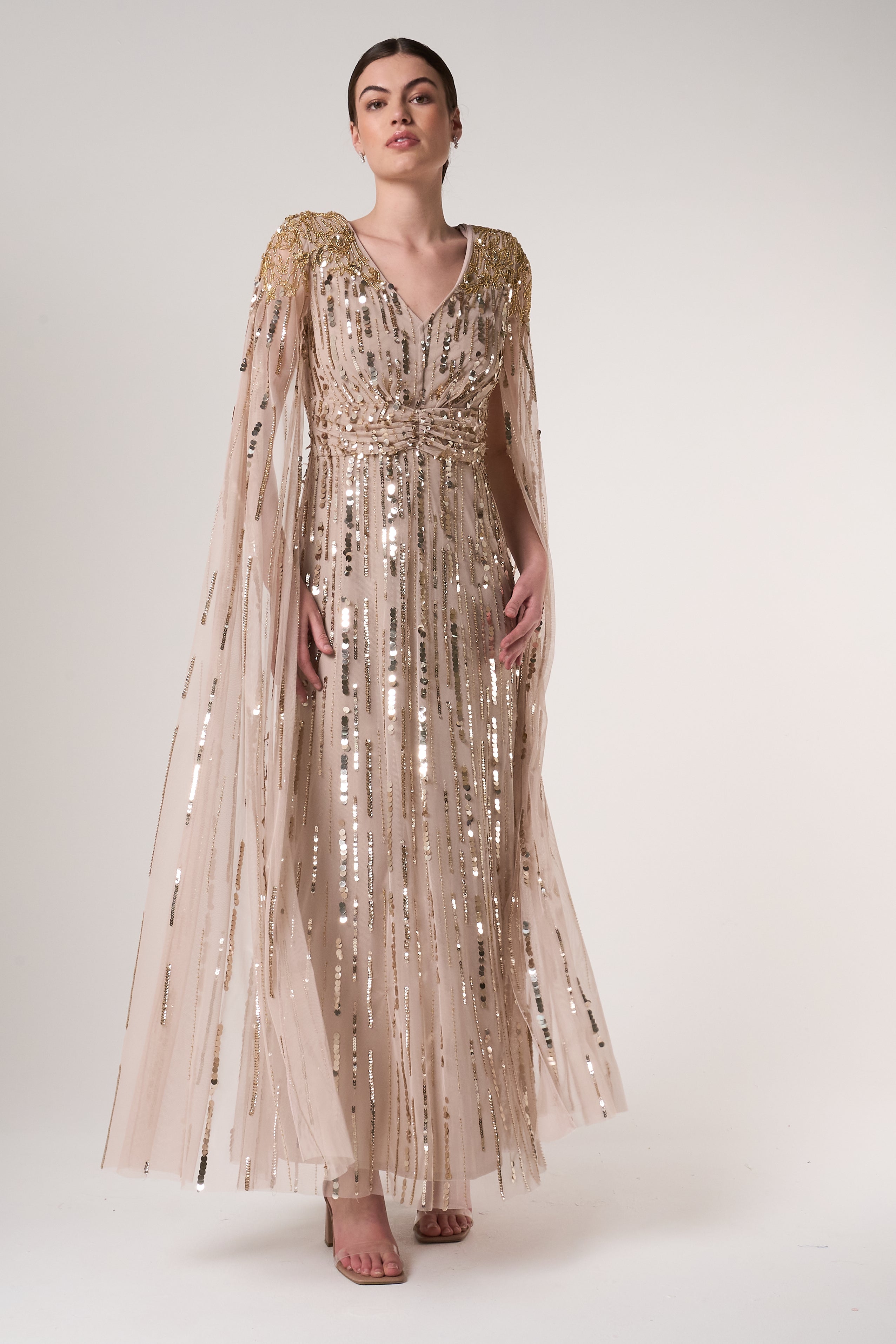 Zillah Nude Gold Embellished Cape Sleeve Maxi Dress