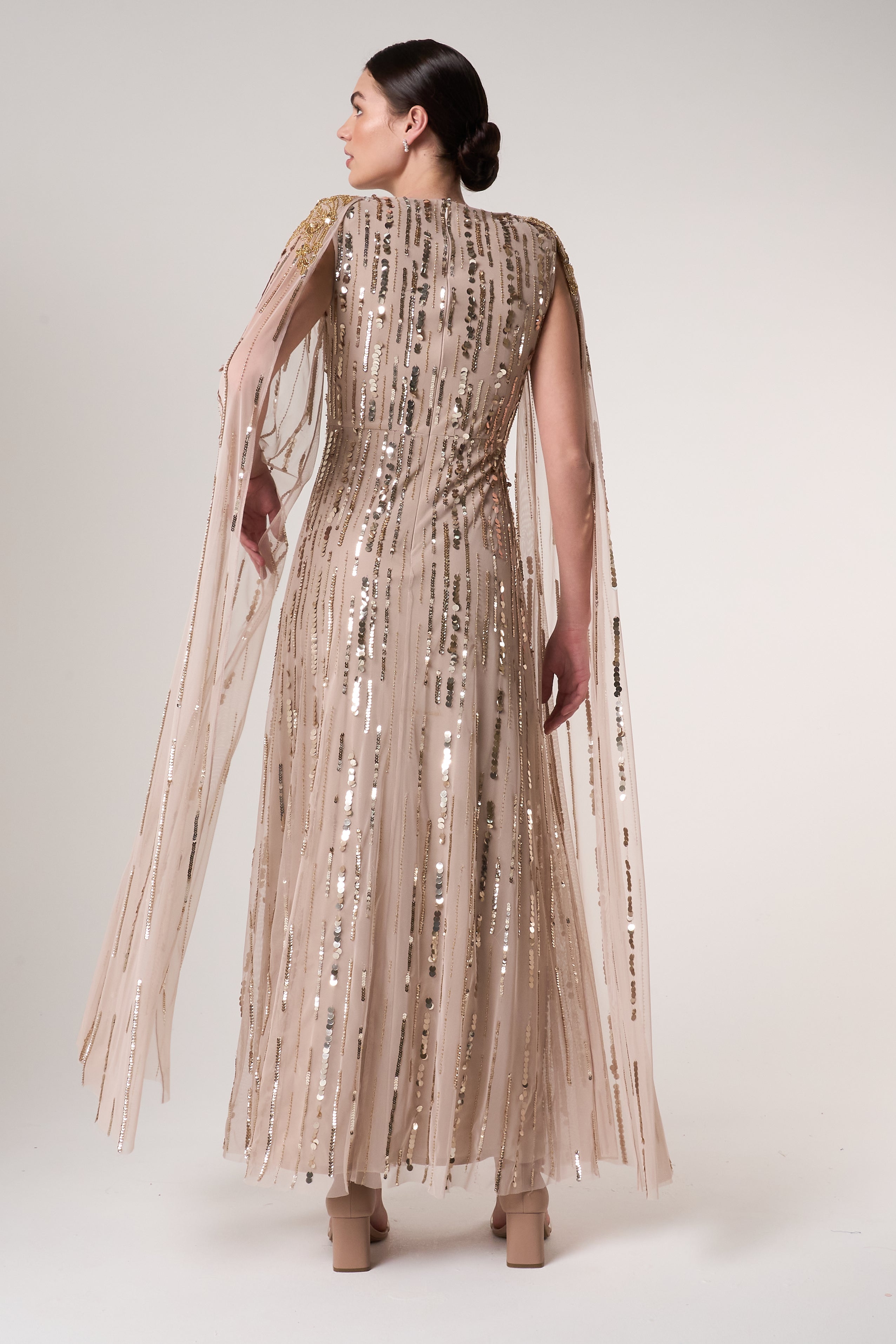 Zillah Nude Gold Embellished Cape Sleeve Maxi Dress