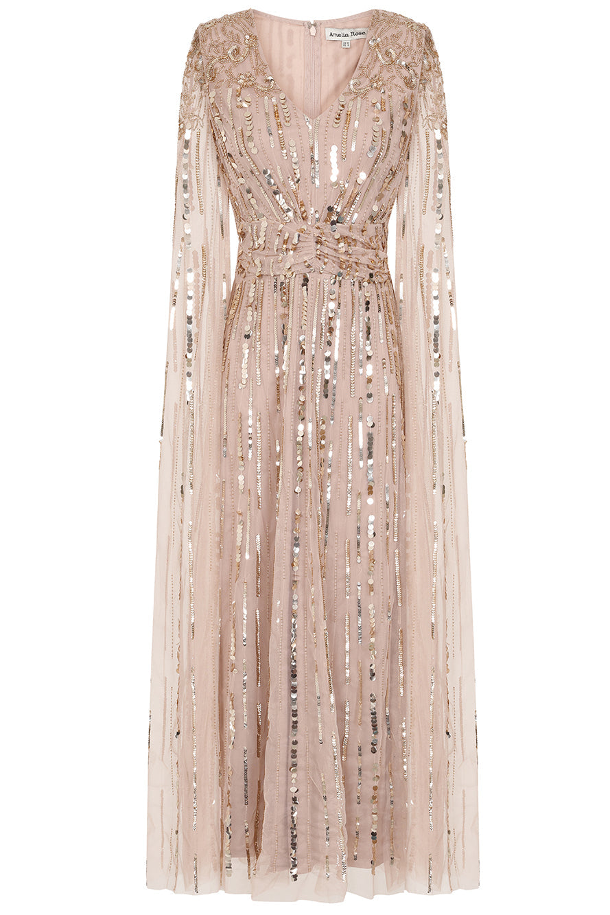 Zillah Nude Gold Embellished Cape Sleeve Maxi Dress