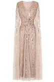 Zillah Nude Gold Embellished Cape Sleeve Maxi Dress