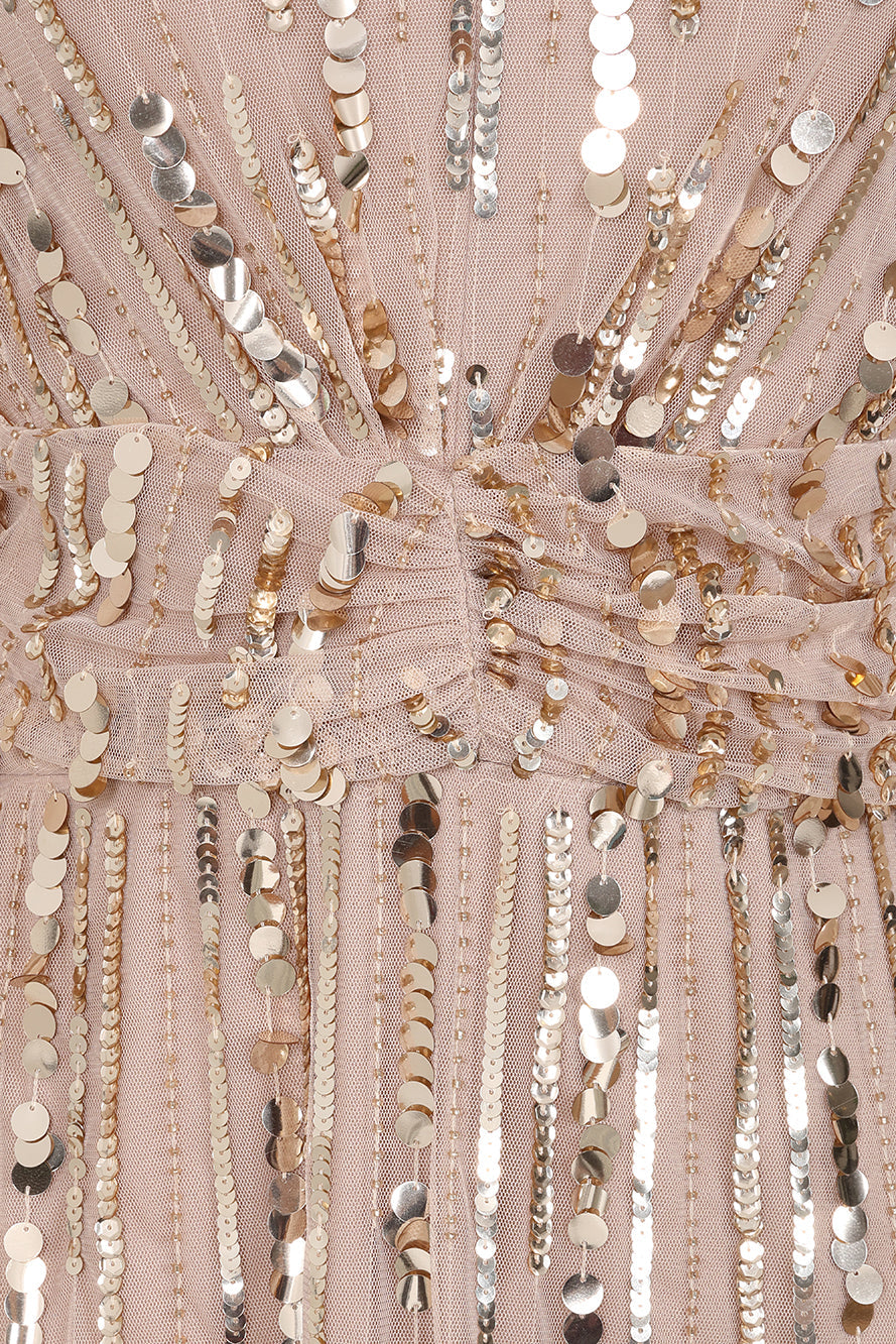 Zillah Nude Gold Embellished Cape Sleeve Maxi Dress