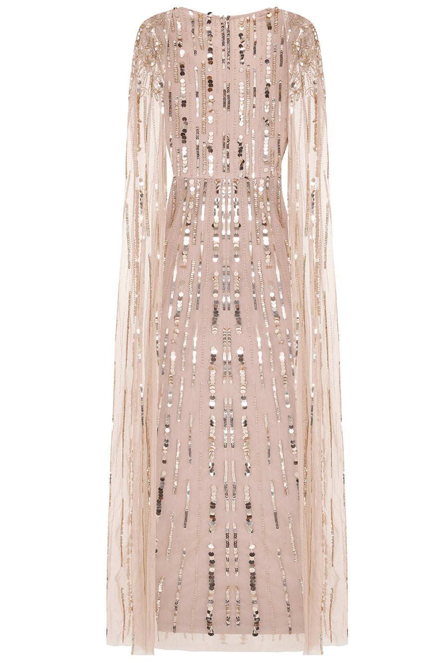 Zillah Nude Gold Embellished Cape Sleeve Maxi Dress