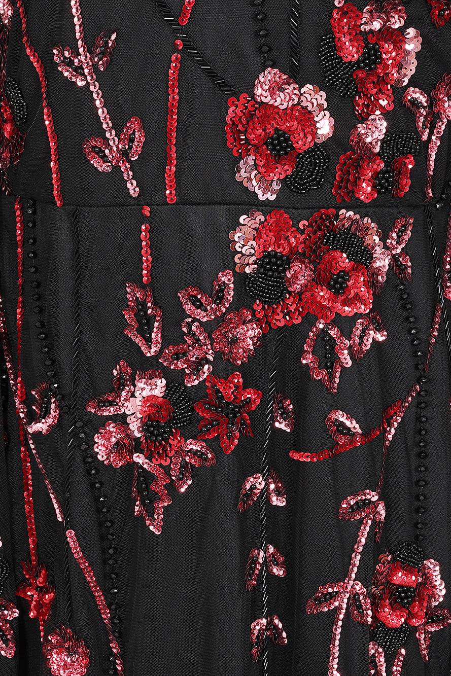 Zola black embellished cape maxi dress by Frock and Frill with floral detailing