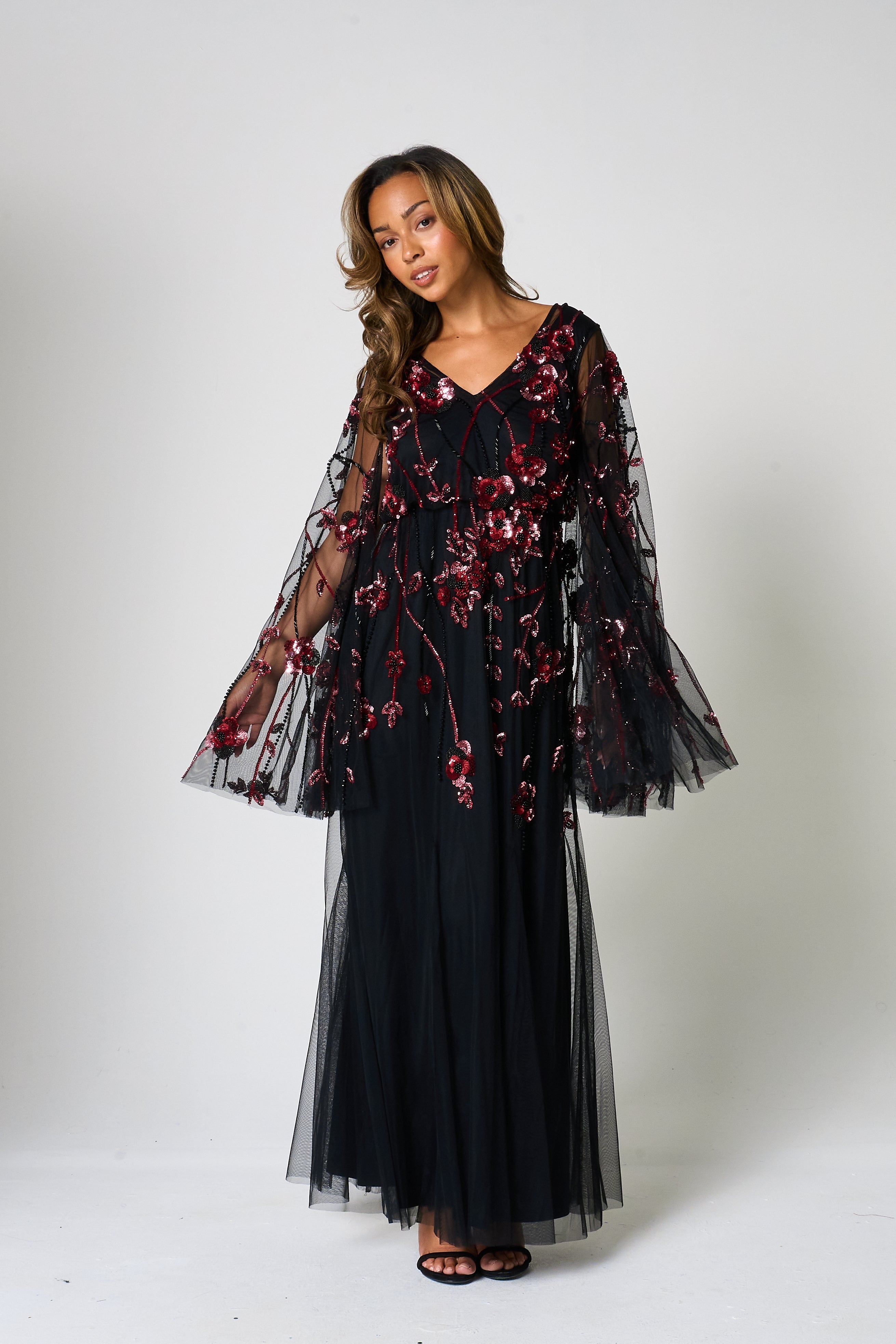 Zola Black Embellished Cape Maxi Dress 