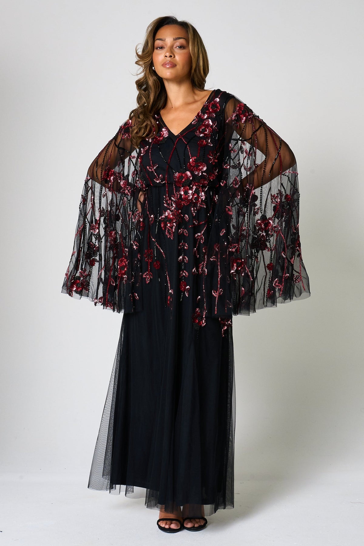 Zola Black Embellished Cape Maxi Dress 
