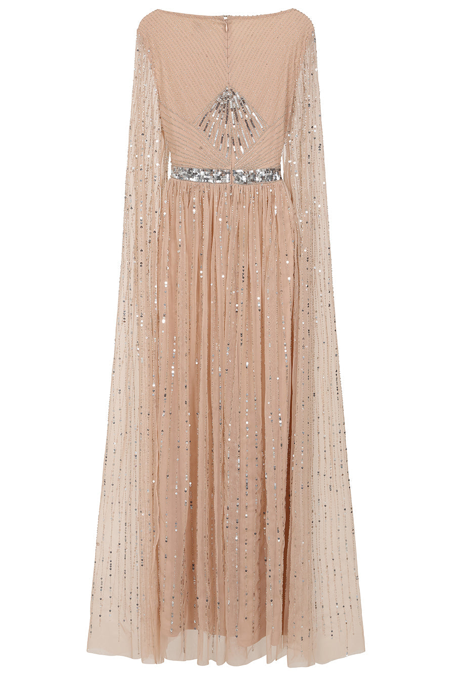 Morgan Gold Sequin Cape Sleeve Maxi Dress