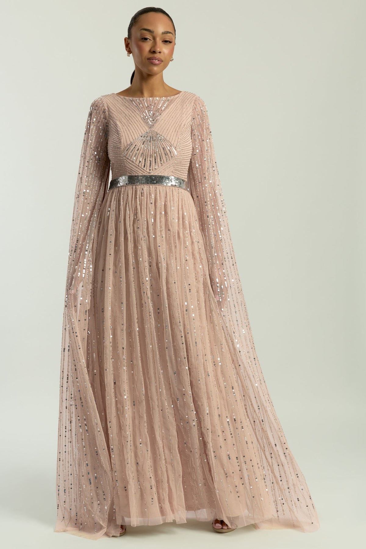 Morgan Gold Sequin Cape Sleeve Maxi Dress